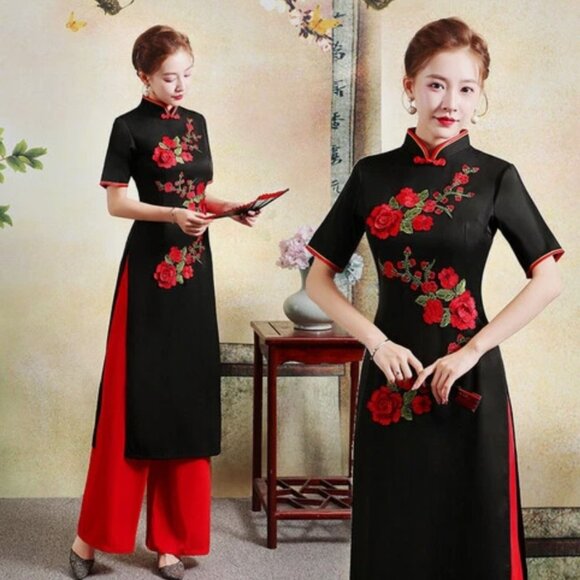 Dresses & Skirts - Women Vietnamese Ao Dai Dress 2PCS Embroidery Cheongsam Dress Chinese Qipao